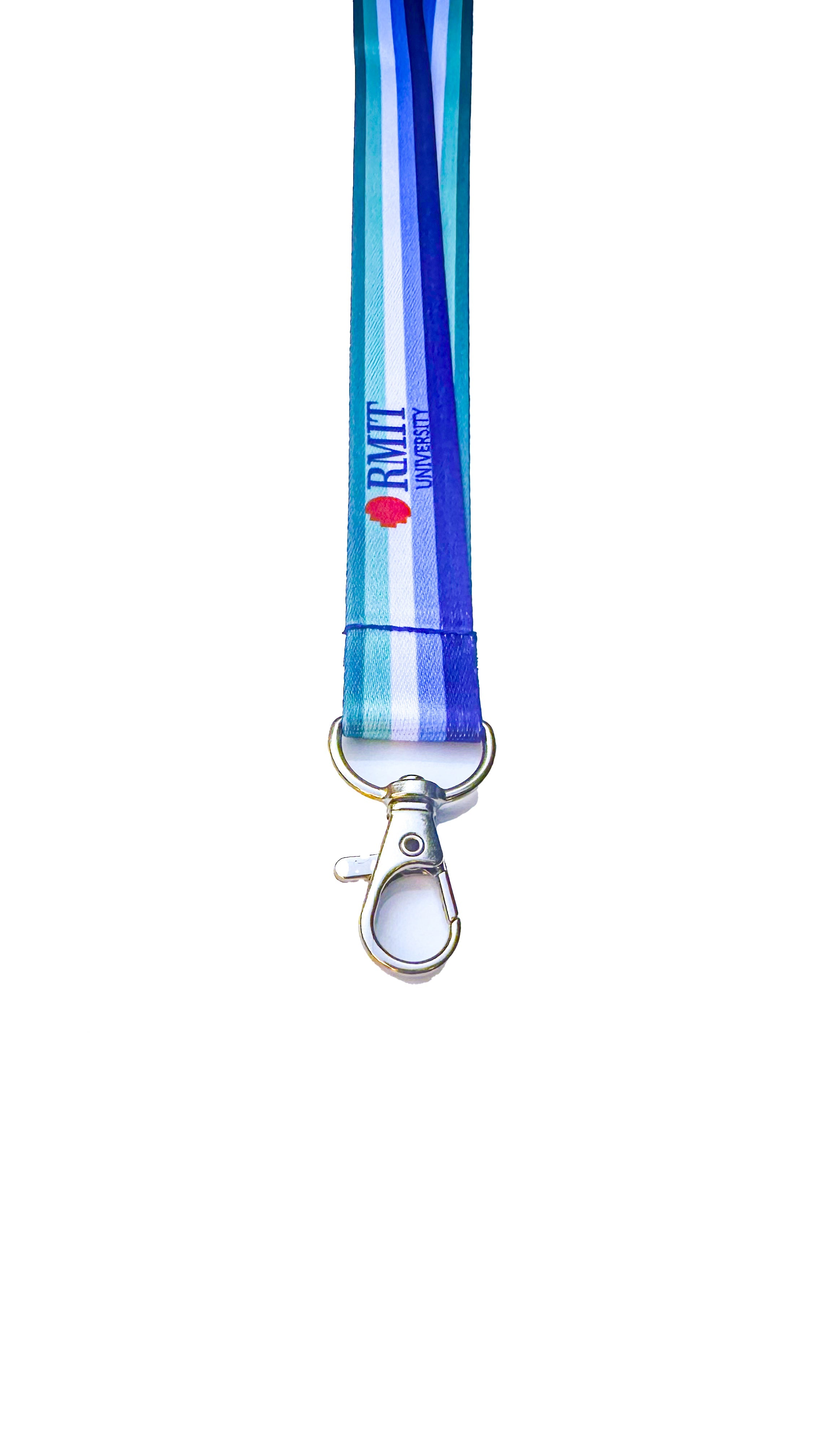 Close-up of a Trans-Inclusive Gay Men’s Pride lanyard from the RMIT Store, featuring horizontal stripes in blue, white, and green. The lanyard includes a silver metal clip and a subtle engraved RMIT logo near the attachment point.